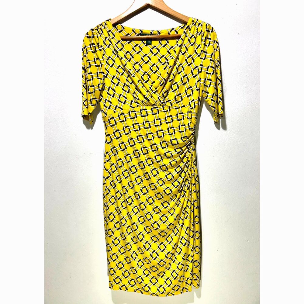 Lauren Ralph lauren wrap dress geometric print yellow business casual women 8